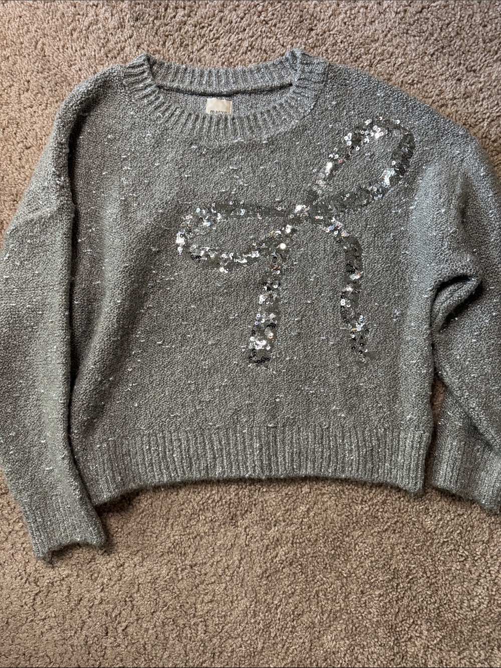 Maeve Gray Sequin Bow Crewneck Sweater